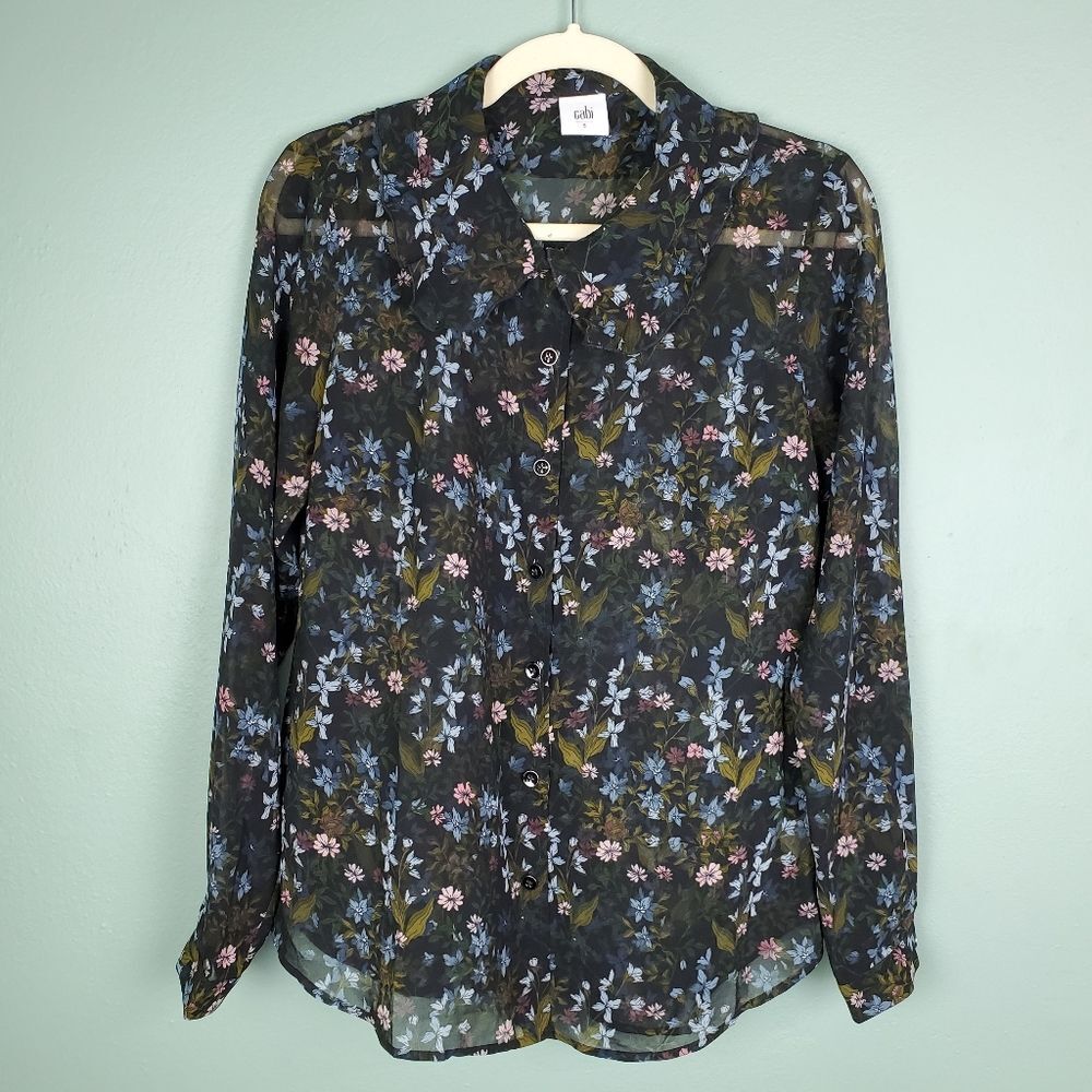cABi Sheer Hillside Black Floral Ruffle Floret Blouse Size Small